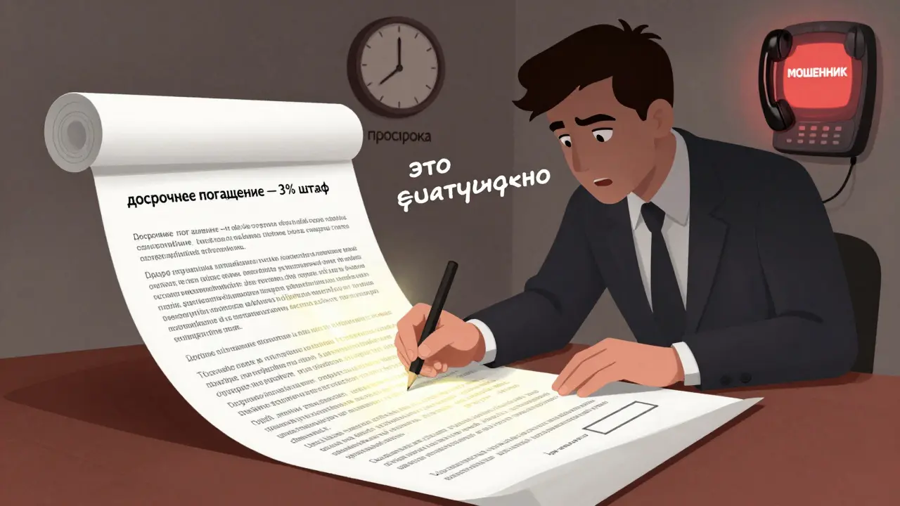 Подпись договора с невидимыми условиями, телефон звонит с пометкой 'мошенник'.