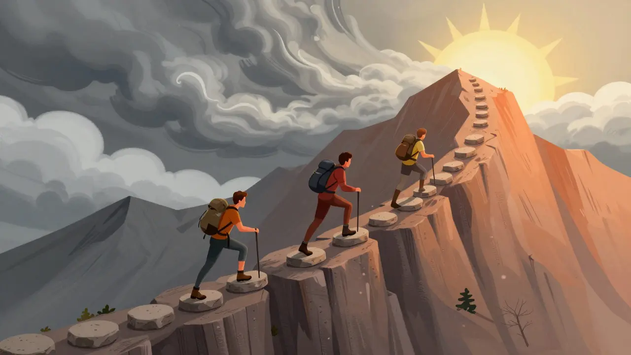 Путешественник кладет камни на путь сквозь дождь и солнце