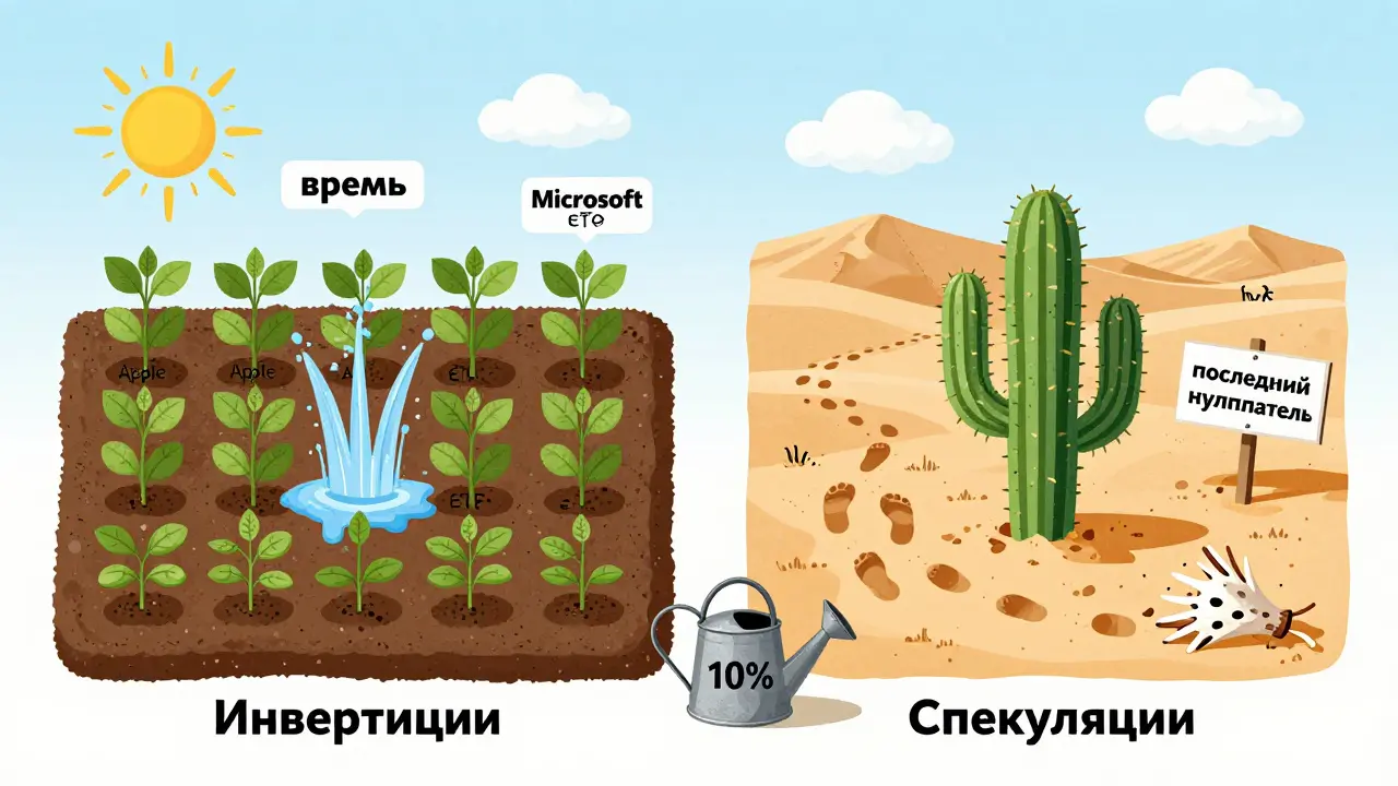 Сад инвестиций с растущими растениями против пустыни спекуляций с увядшим кактусом и убегающими людьми.