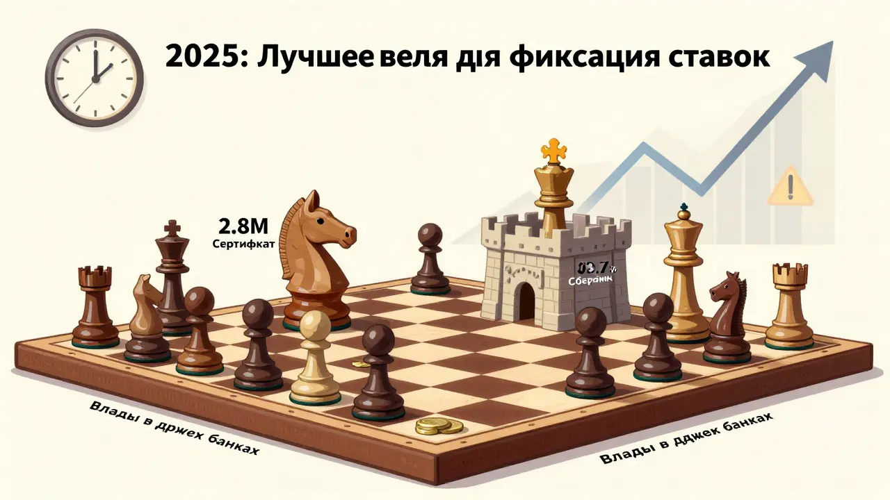 Шахматная доска с финансовыми фигурами, показывающая стратегию размещения средств в 2025 году.