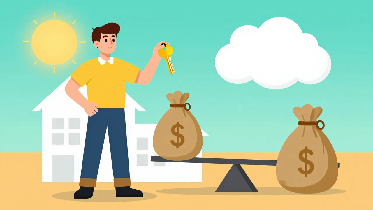 Счастливый человек держит ключи от дома рядом с символическими весами