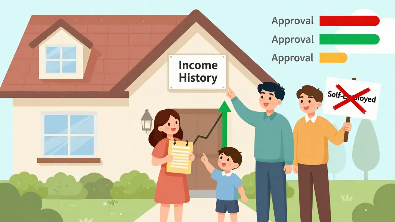 Семья перед домом с ипотекой, график доходов растёт, самозанятость отмечена красным крестом.