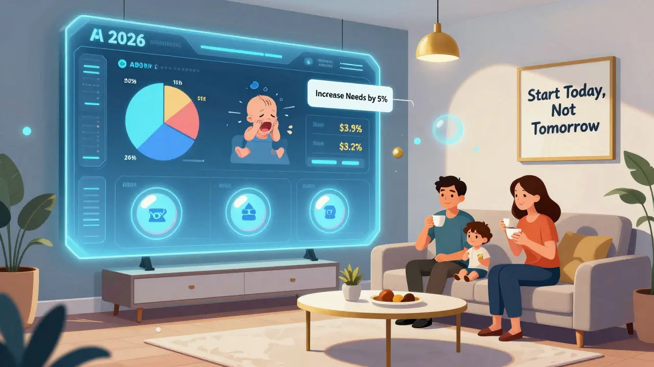 Семья в гостиной, перед ними — интерактивная финансовая панель с ИИ, показывающая адаптацию бюджета из-за ребенка