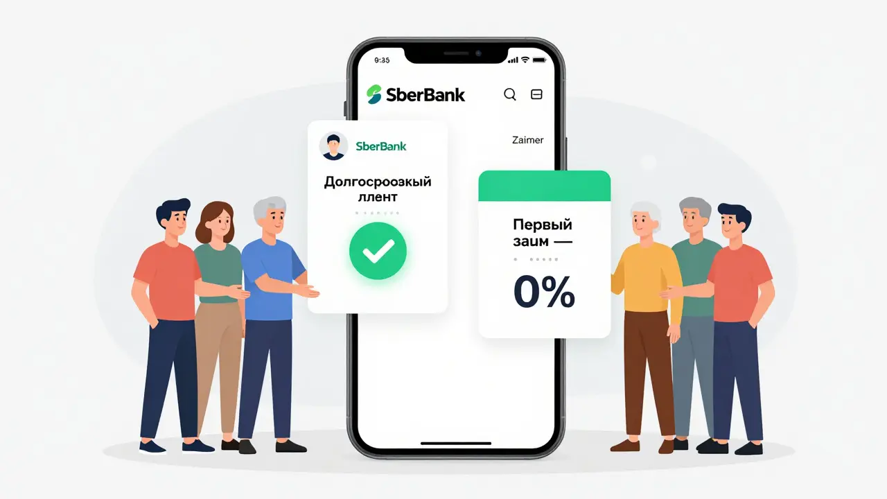 Смартфон с приложениями Сбербанка и Займера, где банк предлагает выгодный кредит клиенту с историей.