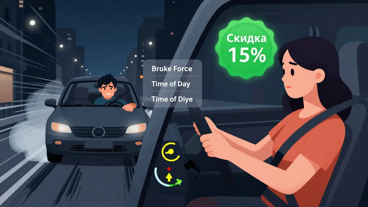 Сравнение агрессивного и спокойного вождения: слева — резкие торможения, справа — плавный стиль с отметкой скидки.