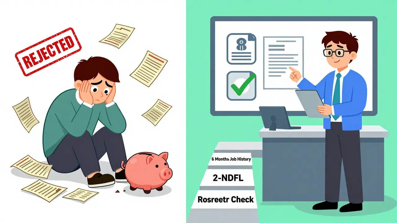 Сравнение отказа и одобрения ипотеки: слева стресс, справа уверенность с документами и зелёными метками