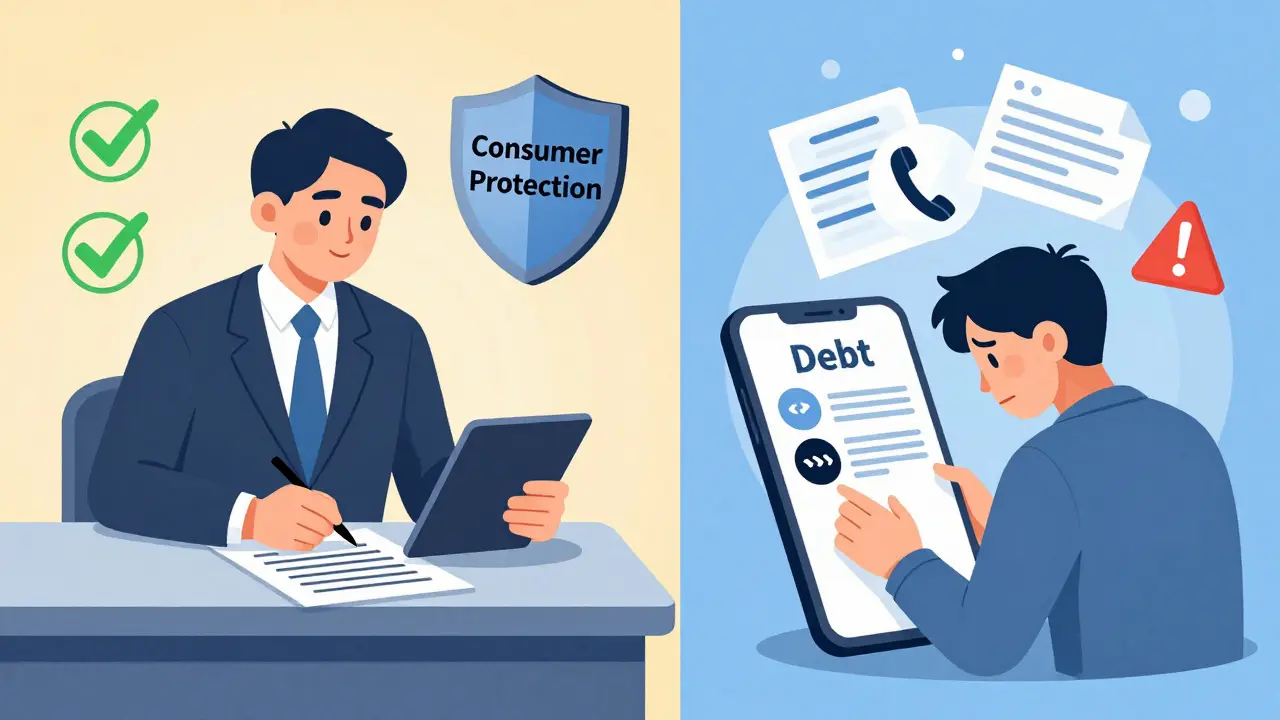 Сравнение спокойного оформления кредита в банке и стресса от микрозайма с агрессивными напоминаниями о платежах.