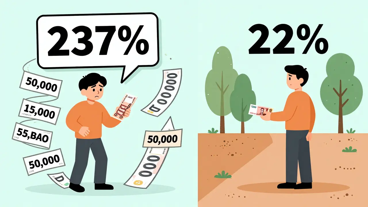 Сравнение стоимости микрозайма под 237% и банковского кредита под 22% с визуальными метафорами долга и стабильности.