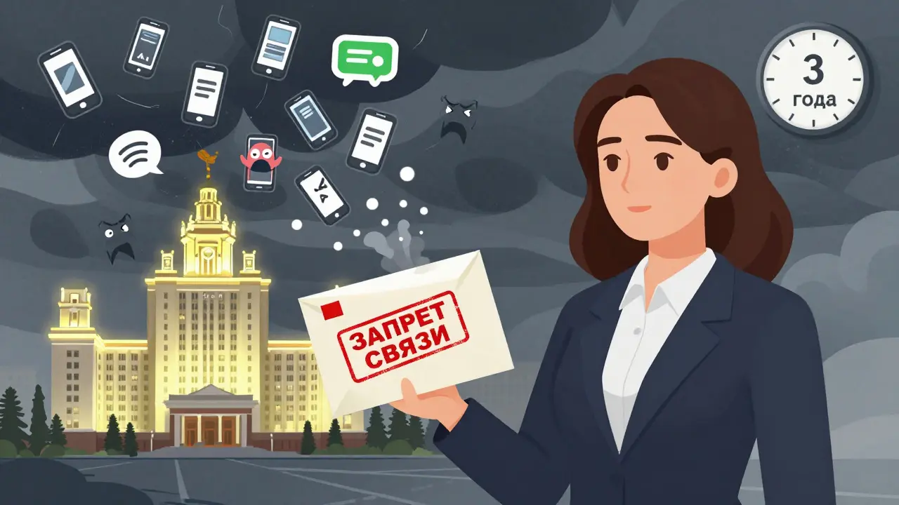 Женщина отправляет заявление о запрете связи, вокруг исчезают звонки и угрозы, вдалеке — государственные инстанции.