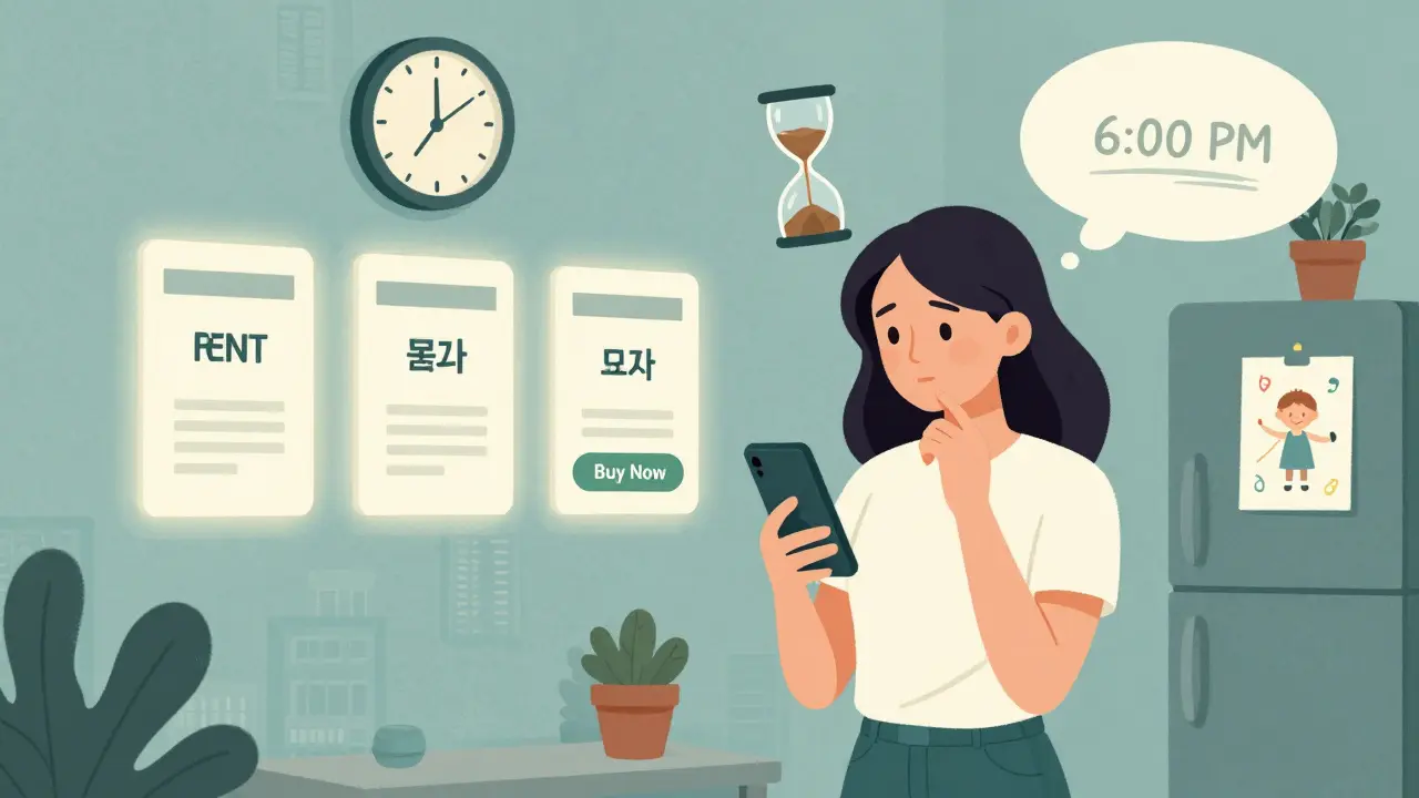 Женщина смотрит на телефон с кнопкой покупки, над ней — песочные часы 24 часов, на стене — три счета