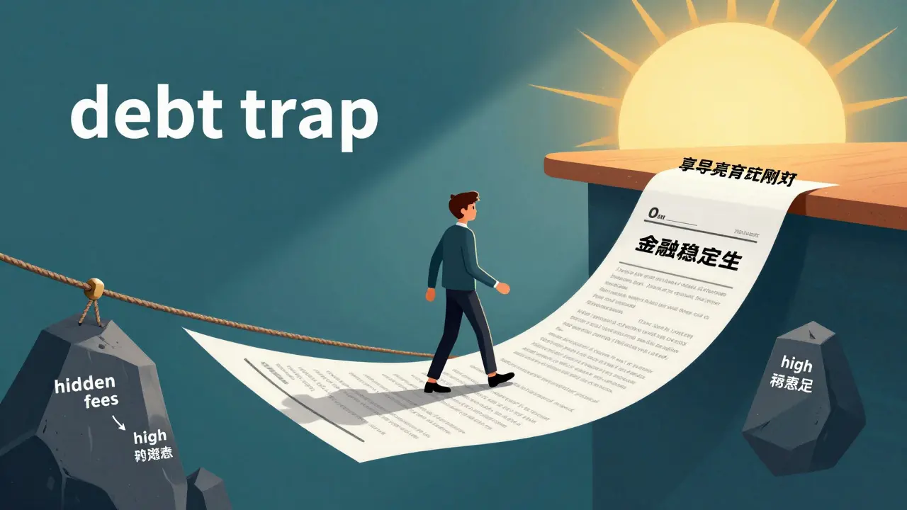 Человек идет по канату над финансовыми рисками к финансовой свободе