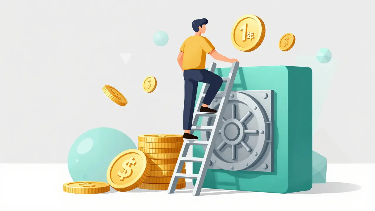 Человек поднимается по лестнице из золотых монет, представляя стратегию распределения вкладов.