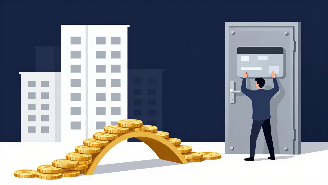 Человек строит мост из золотых монет к квартире, закрывая ненужные кредитные карты