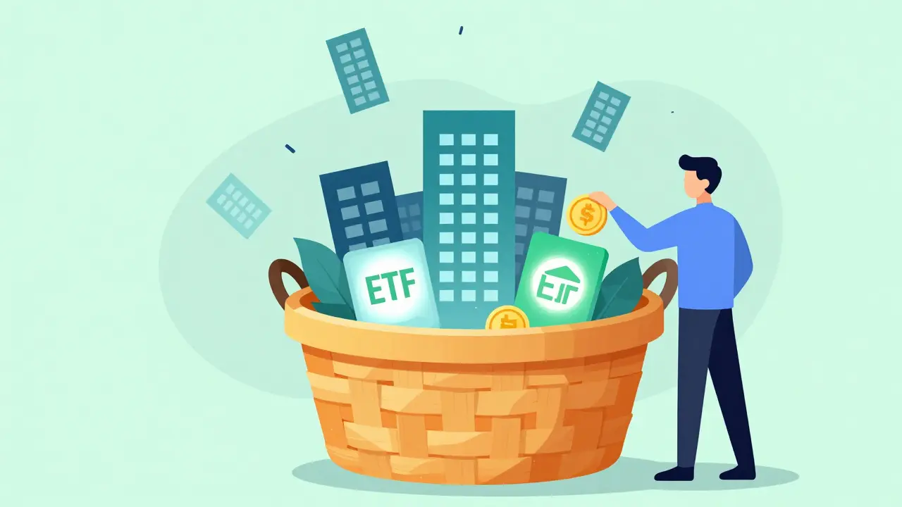 Иллюстрация ETF как корзины с множеством компаний для диверсификации рисков