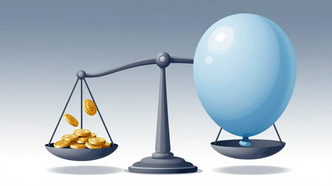 Концептуальное изображение весов с маленькими ежемесячными платежами и огромным итоговым долгом