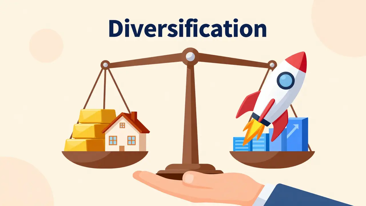 Метафора диверсификации: весы, уравновешивающие стабильные активы и инструменты роста.