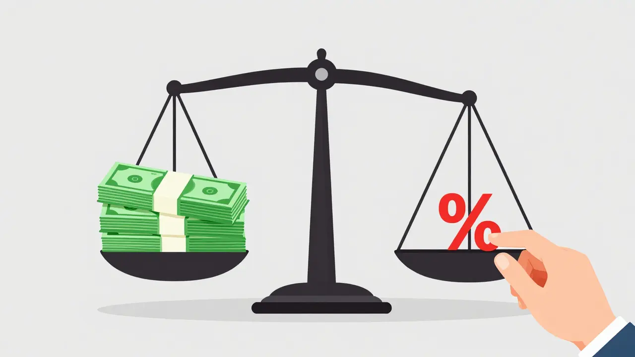 Метафорические весы, сравнивающие стоимость страховки и повышенную процентную ставку