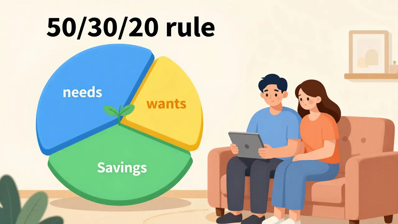 Пара планирует бюджет по правилу 50/30/20 с помощью цветной диаграммы