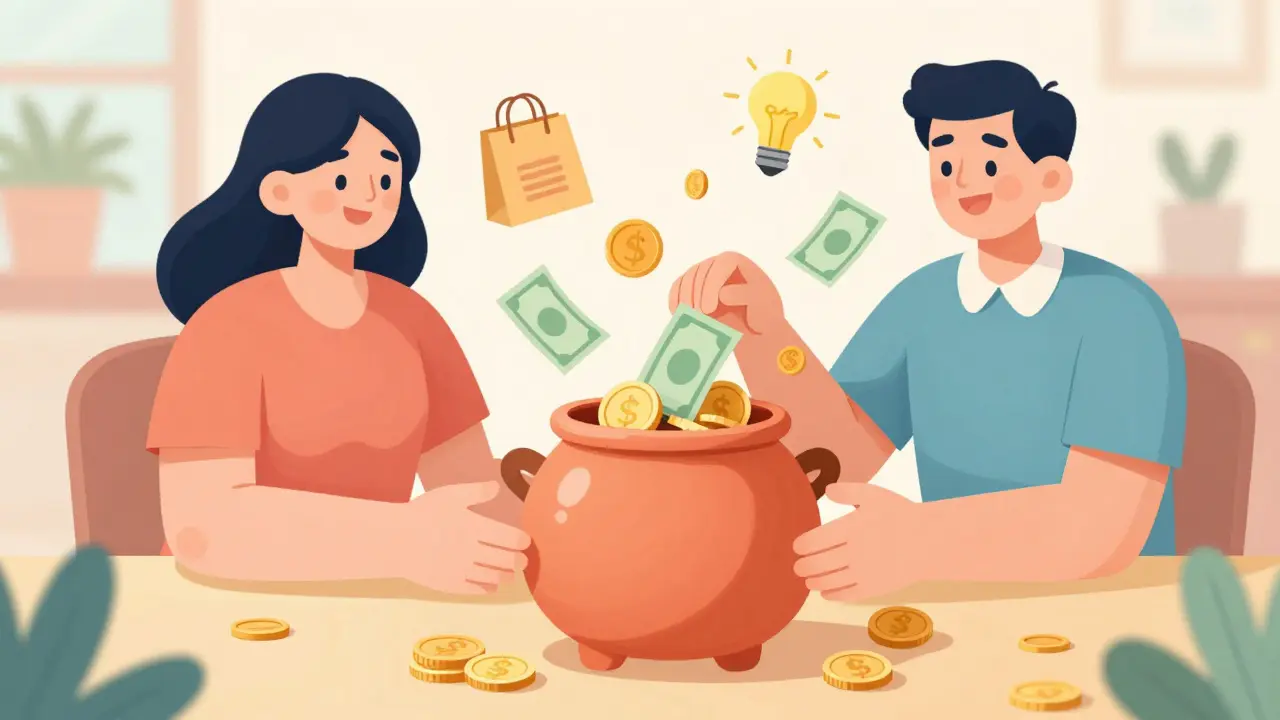 Пара складывает деньги в общий котел для оплаты семейных расходов