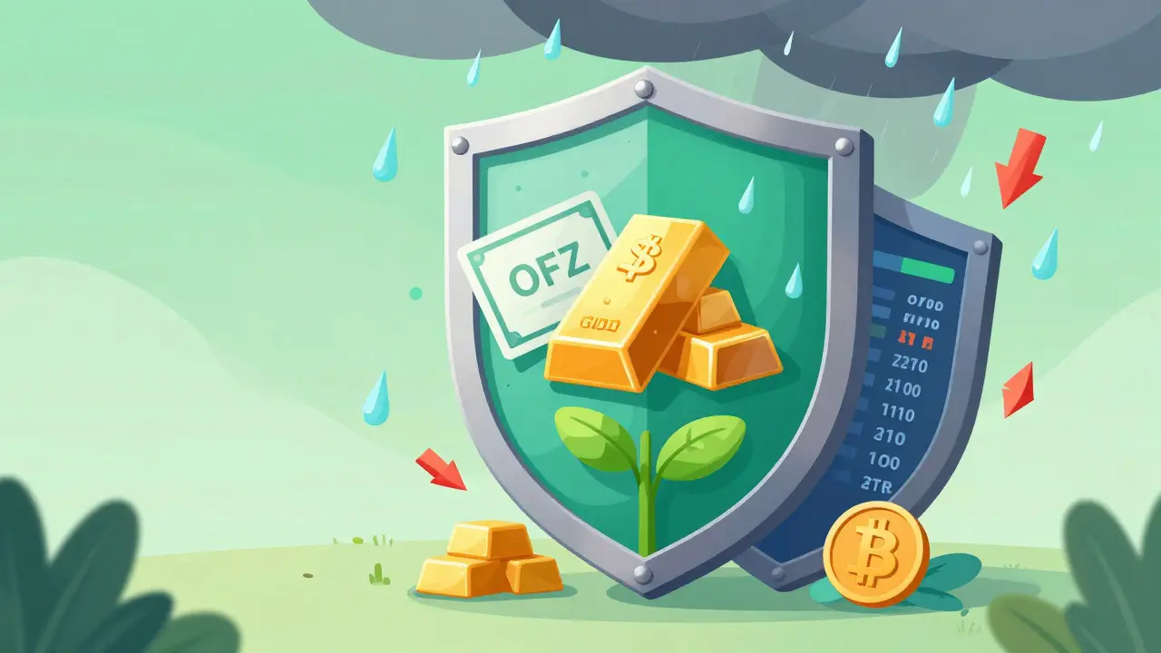 Разнообразный инвестиционный портфель в виде щита, защищающего капитал от рыночного шторма.