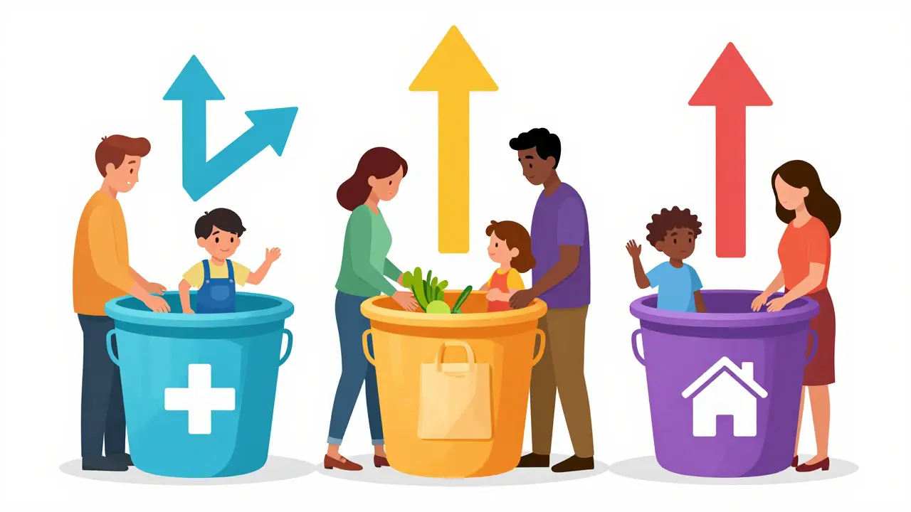 Семья распределяет бюджет по категориям с разными темпами роста цен.