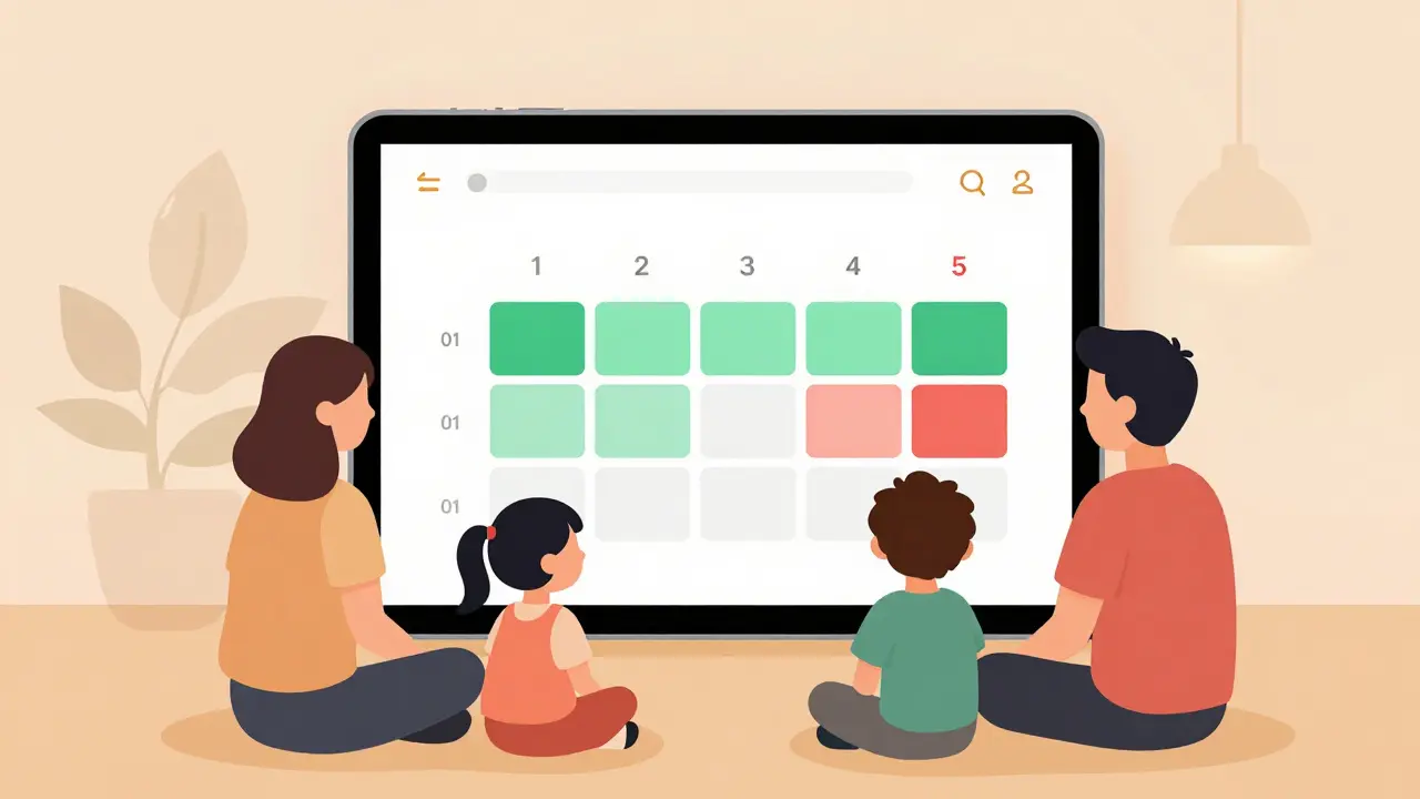 Семья вместе планирует семейный бюджет с помощью цифрового календаря платежей