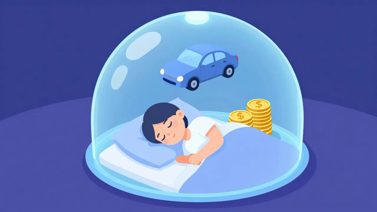 Спящий водитель под защитным куполом страхования, символизирующий спокойствие