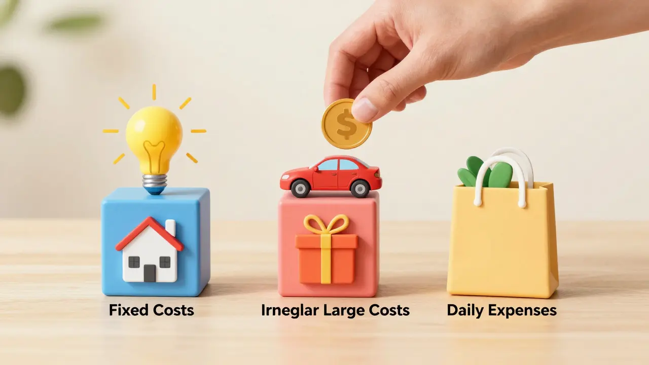 Три цветных блока для распределения расходов: постоянные, крупные и повседневные