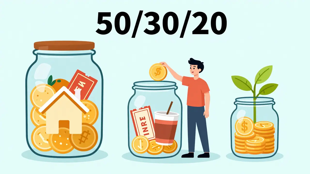 Иллюстрация правила 50/30/20 с банками для нужд, желаний и сбережений