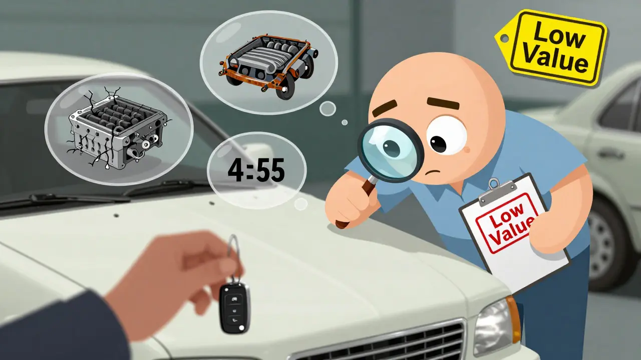 Карикатура на занижение оценки старой машины в автосалоне