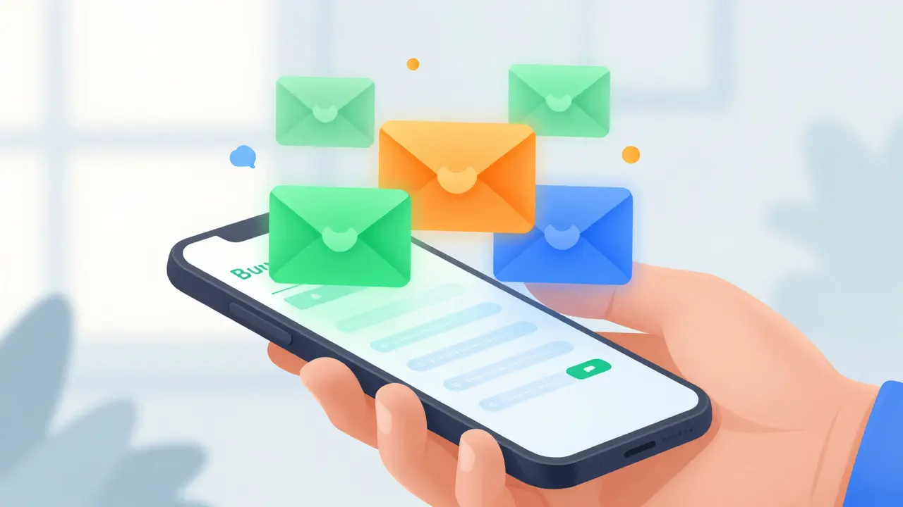 Виртуальные конверты бюджета вылетают из экрана смартфона